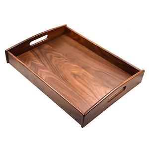 Plateau de service en bois de noyer minimaliste de luxe |   Plateaux rectangulaires modernes en bois avec poignées découpées |   Plateau décoratif ottoman - Product Image 1