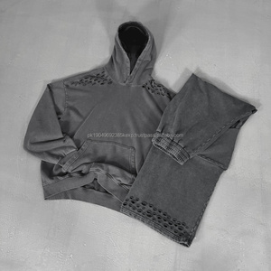 Conjunto Deportivo Oversize de Ropa Urbana Desgastada, Sudadera con Capucha Lisa Personalizada con Lavado Ácido y Pantalones Deportivos Anchos Holgados - Product Image 3