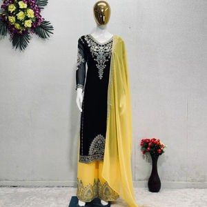 Conjunto de Palazzo de 3 piezas bordado de lujo para mujeres indias tela Georgette para bodas y festivales - Product Image 4