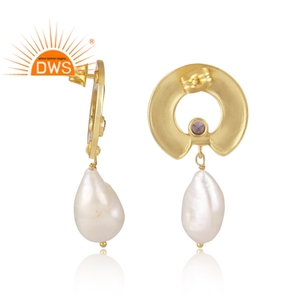 ล่าสุดการออกแบบที่ทำด้วยมือชุบทองธรรมชาติน้ำจืดมุกและเพทายพลอยอเมทิสต์ต่างหู Demi ผู้ผลิตเครื่องประดับปรับ - Product Image 4