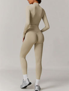 Conjunto de chaqueta y mallas sin costuras de alta elasticidad para mujer, ropa deportiva para gimnasio y Yoga, ropa de entrenamiento de 2 piezas - Product Image 3