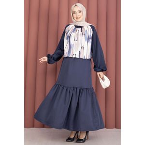 Conjunto de Dos Piezas de Satén Azul Marino para Mujer con Falda Estampada Sin Cuello, Tallas XS-XXL Disponibles - Product Image 3