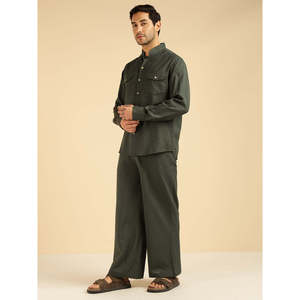 Amanush <b>Men's</b> Solid Cotton Co-Ord Set Mandrin Collar Full Sleeves Button Closer Shirt With Ankle Length Trouser Casual Wear - Product Image 4