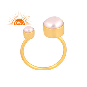 Anillo Ajustable de Plata de Ley con Baño de Oro de 18K y Perla Natural, Estilo Indio Moderno, Fabricante de Joyería Fina - Product Image 1