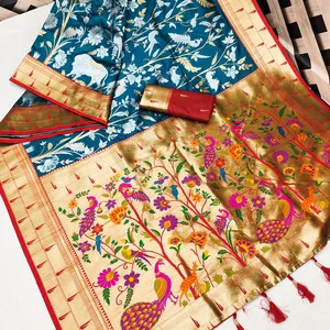 Saree en soie Pethani douce de qualité supérieure assurée avec design de paon weawing Pallu & All over design Zari argent et or