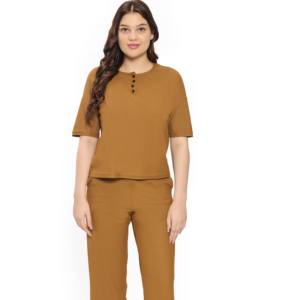 Ensemble coordonné décontracté pour femmes élégantes en mélange de coton avec haut court tricoté anti-rétrécissement et ensemble assorti de pantalons pour l'approvisionnement en vrac - Product Image 1