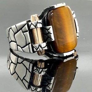 Bague pour homme en pierre naturelle œil de tigre, modèle balle, incrustation de pierres complexes, fabrication artisanale, prix le plus bas - Product Image 3