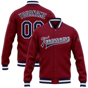 Veste bomber universitaire à boutons pression, en gros directement de l'industrie, décontractée, d'hiver, personnalisée, rouge cramoisi, bleu marine et blanc - Product Image 1