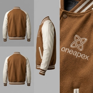 Chaqueta de Lana Marrón para Hombre con Mangas Crema, Logotipo Personalizado, Cuello y Puños de Punto Acanalado, Cierre Frontal con Broches, Estilo Bomber, Prenda Exterior Premium de Moda Urbana - Product Image 5