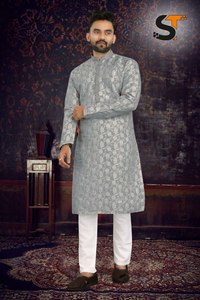 Pure Silk Solid Pattern Trendy Comfortable Stylish Full Stitched Readymade <b>Men</b> Kurta With Cotton Pyjama - Product Image 4