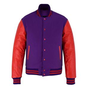 Blouson bomber pour homme en violet avec manches en cuir rouge, logo personnalisé, streetwear, uniforme d'équipe, vêtement d'extérieur d'hiver, imperméable, écologique, épais - Product Image 6