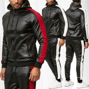 PU Leather Tracksuit 2 Piece Set For Men Windproof Breathable Slim Fit Zipper Jacket And <b>Trouser</b> Wholesale - Product Image 6