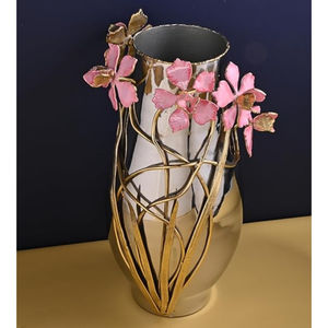 Vase rectangulaire en acier inoxydable poli de qualité fine avec branche florale en laiton et fleurs de fleurs de cerisier en émail maison élégante - Product Image 5