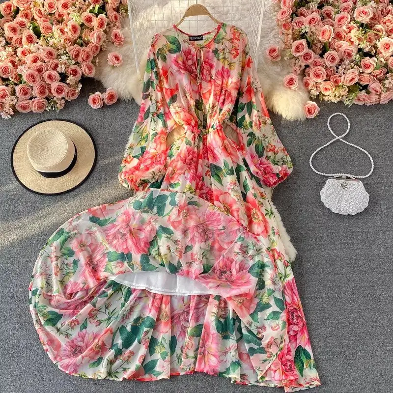 2023 New Runway Spring Summer Vacation Dress Women Elegant Sleeve Rose Print Bohemian Lady Chiffon Long Maxi Dress