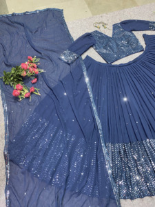 Séquence de couleur bleue lourde avec broderie tenue de fête de travail Lehenga Choli pour la tenue de nouveauté des femmes en gros - Product Image 3