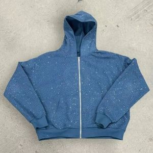 Sweat-shirt à capuche en coton lourd à motif étoile en strass bleu à fermeture éclair pour hommes Streetwear Logo personnalisé Faible MOQ - Product Image 3