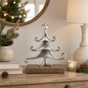 Figurine d'arbre de Noël en métal artisanal avec base en bois, décoration de table moderne pour les fêtes, pour le salon, la maison, l'hôtel - Product Image 2