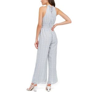 Tuta Intera da Donna Moon River Bianca/Blu a Pois con Collo Halter, Gamba Larga e Vita Alta, Taglia S - Chiffon Traspirante per Occasioni da Spiaggia - Product Image 2