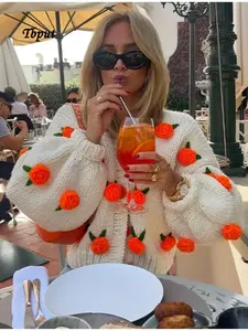 Primavera moda 3D flor crochet personalizado de punto de manga larga con cuello en V suéter corto de mujer abrigo suelto suéter cárdigan