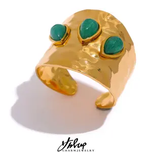Anillo Ajustable de Piedra Natural Verde con Baño de Oro de 18K y Oro Rosa, Engaste de Bisel Ancho con Apertura para Fiestas - Product Image 5