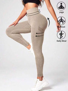 Aoyema Leggings de fitness sans couture lavés à l'acide pour femmes taille haute rayé pêche hanche séchage rapide respirant pantalons de yoga jambes longues - Product Image 3