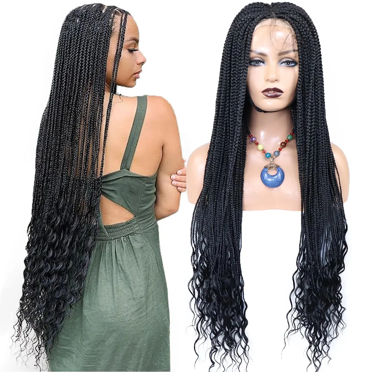Full Double Lace Front Square Knotless Box Braided Wigs Transparent Synthetic Lace Frontal Black Box Braids Wig with Baby Hair