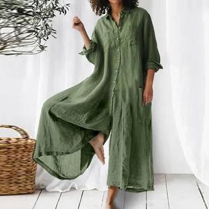 Casual Jumpsuit Breathable Cotton Linen Button Closure Female Wide Legs Pants <b>Long</b> Romper Adults Jumpsuit Street wear 2025 - Product Image 4