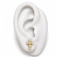 JJBRAVO - Pendientes de Cruz Cristiana de Oro Sólido de 14k con Perla de Agua Dulce de 3mm, Joyería Religiosa para Mujer, Regalo para Bodas y Fiestas