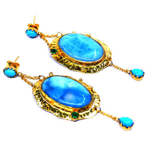 Diseñador étnico estilo Vintage 925 pendientes de plata esterlina hechos a mano Larimar turquesa piedras preciosas chapado en oro boda desgaste cadena - Product Image 1