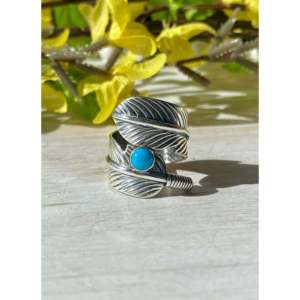 Kingman Turquoise <b>Sterling</b> <b>Silver</b> Feather <b>Ring</b> <b>Adjustable</b> Size Rose Gold Plated Bezel Setting Trendy Gift - Product Image 1