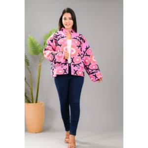 Pink Flower Embroidery <b>Reversible</b> <b>Jacket</b> for Ladies Customizable Logo Quilted Boho Outerwear for Spring Autumn Short Winter Coat - Product Image 1