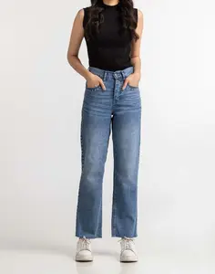 Fashion New Design Wide Leg Casual Loose Blue Jeans Full Length Flared Customized Boyfriend Jeans For Women