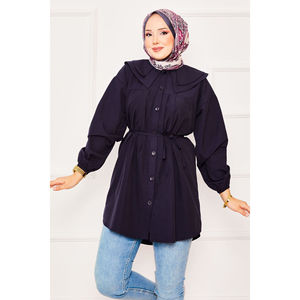 Navy Blue Modest Chiffon <b>Top</b> Double-Collared Drawstring Waist Long Printed Lace Embroidery Button <b>Sequined</b> <b>Plus</b> <b>Size</b> Option - Product Image 3