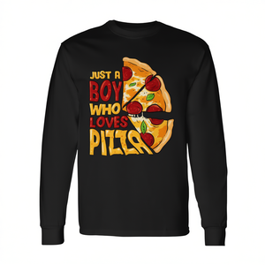 T-shirt promotionnel à manches longues Just a Boy pour les amateurs de pizza, disponible en grandes tailles avec graphiques brodés - Product Image 3