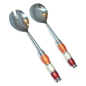 Fabuleux Look Plaqué Or Salade Serveur En Acier Inoxydable Argent Émail Plat Poignée pour Dîner Table Salade Serveur Ensembles - Product Image 3