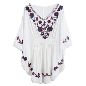 100% Cotton V-Neck Smocking Tunic Tops for Ladies New Fashion Embroidery Designs Loose Fitting & <b>Sleeved</b> Sweet Style for Girls - Product Image 1