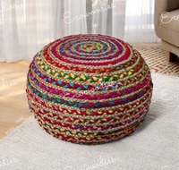 Pouf ottoman polyvalent moderne multicolore en jute et coton fait main, repose-pieds léger empilable pour entrée, chambre et salon