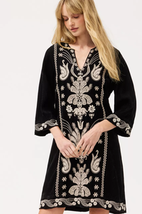 Vestido Túnica Mini Bordado Negro Estilo Boho, Cuello en V, Manga 3/4, Viscosa Ecológica, Vintage, Casual, Regular, Dulce, Natural, ODM - Product Image 4