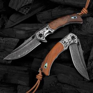 มีดพับแคมป์ปิ้งสุดเท่ รุ่นใหม่ ปี 2023 ลายใบมีดดามัสกัสสุดพิเศษ พร้อมด้ามไม้และปลอกหนัง - Product Image 6