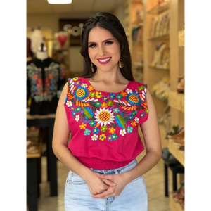Blusa de algodón étnica mexicana con bordado floral, manga corta para mujer, informal, para verano, lavable, natural - Product Image 3