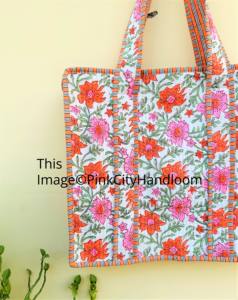 100% pur coton grande capacité sac fourre-tout pour les femmes indien matelassé organisateur d'épicerie imprimé fleuri sacs de voyage avec fermeture éclair - Product Image 2