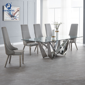 Muebles de Comedor, Mesas y Sillas de Acero Inoxidable, Juego de Mesa de Comedor de Vidrio Templado Estilo Francés - Product Image 1