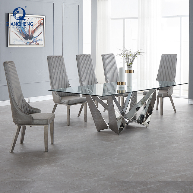 Dining Room Furniture Stainless Steel Tables and Chairs French Style Tempered Glass Dinning Table Set