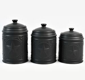 Juego de 3 contenedores de almacenamiento galvanizados negros con diseño tallado elegante y elegante perfecto para despensa de cocina y usos de regalo - Product Image 1