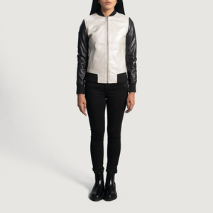 Women's Genuine <b>Leather</b> Bomber <b>Jacket</b> Solid Color Contrast Sleeve Stand Collar Zipper Closure Autumn Wear - Product Image 2