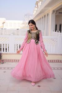 Vestidos Anarkali de Material Mal Chanderi con Terciopelo Helado, Bordados con Cuentas y Lentejuelas, Diseño Koti, Ropa Étnica India - Product Image 4
