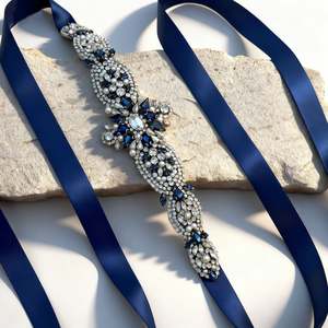 Cinturón de Novia Bridella BS84ML Azul Marino con Detalles de Pedrería, Ajustable para Bodas, Bailes de Graduación y Eventos Formales - Product Image 1
