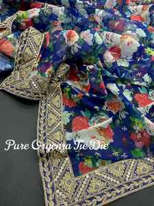 Nouveau sari imprimé numérique floral en organza pur de concepteur traditionnel indien avec séquence de bordure en dentelle pour les mariages et les fêtes - Product Image 5