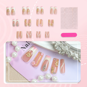 Juego de 24 <span class=keywords><strong>Uñas</strong></span> <span class=keywords><strong>Postizas</strong></span> de Longitud Media en Forma de Ataúd: Estilo Francés con Detalles Florales Dorados en 3D y Pedrería Colocada a Mano - Product Image 2