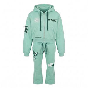 Winter Fleece Tracksuit Embroidered Rhinestone <b>Cropped</b> Zip Hoodie Flare <b>Pants</b> 420 GSM Mint Green Custom Logo - Product Image 1